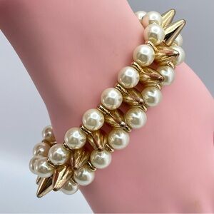 Gold Tone Spike & Faux Pearl Stretch Bracelet Statement Jewelry